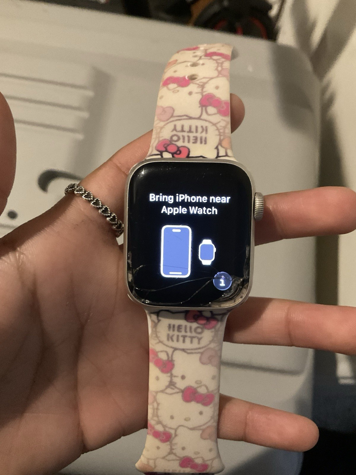 Apple Watch 44mm Silver Aluminum Touchscreen w/ Hello Kitty Band , is cracked