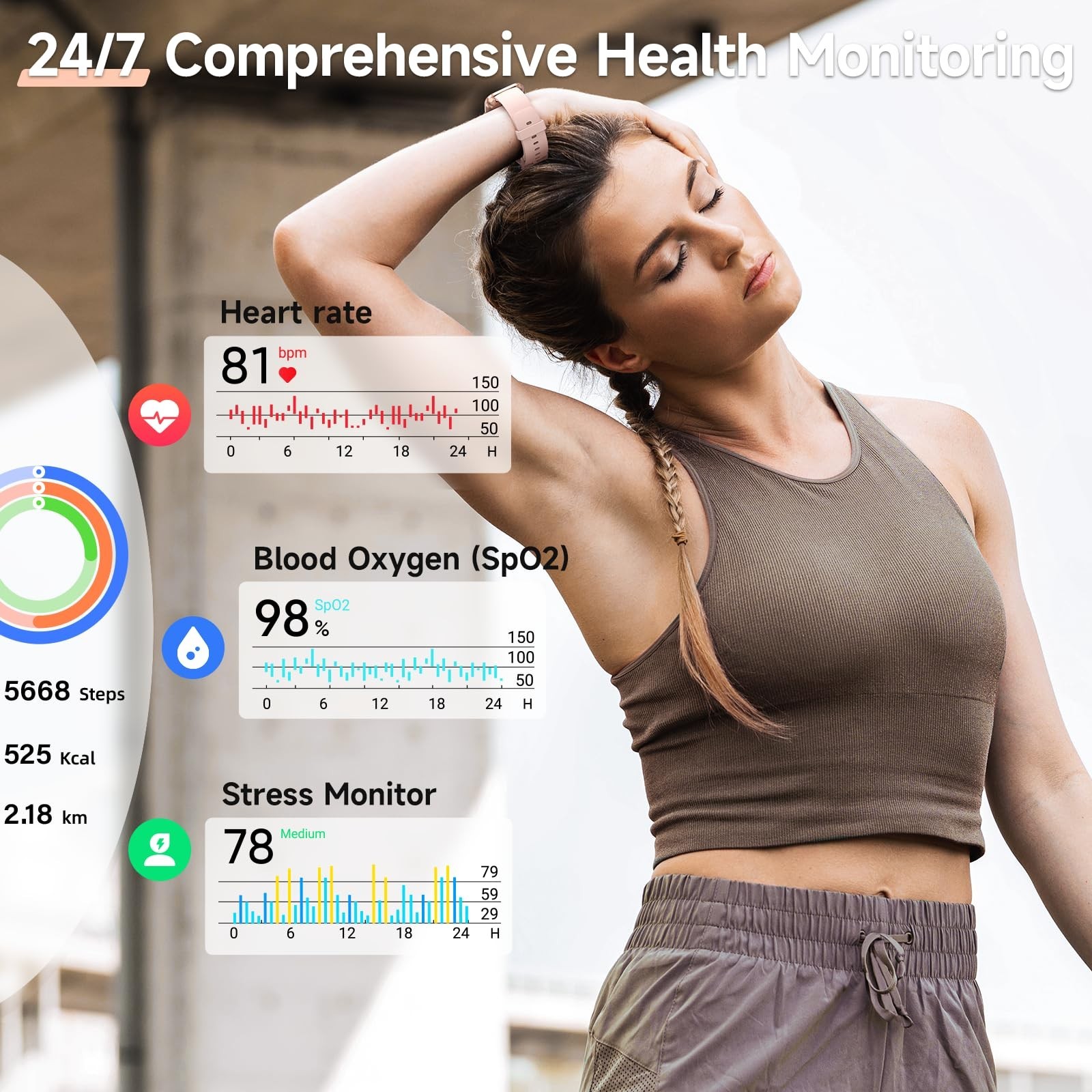 1.8″ Touch Screen Smart Watch for Women, Fitness Tracker, Calls, Alexa, Heart Ra