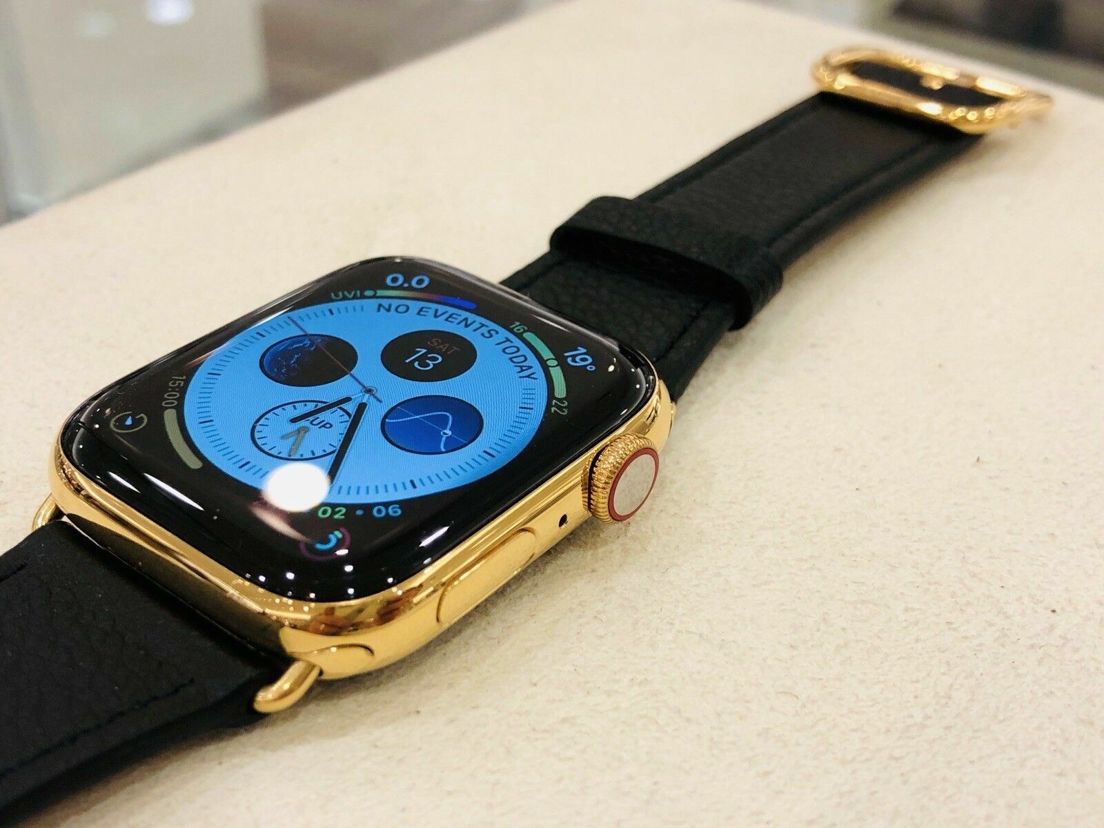 CUSTOM 24K Gold Plated 44MM Apple Watch SERIES 4 Stainless Black Leather GPS+LTE