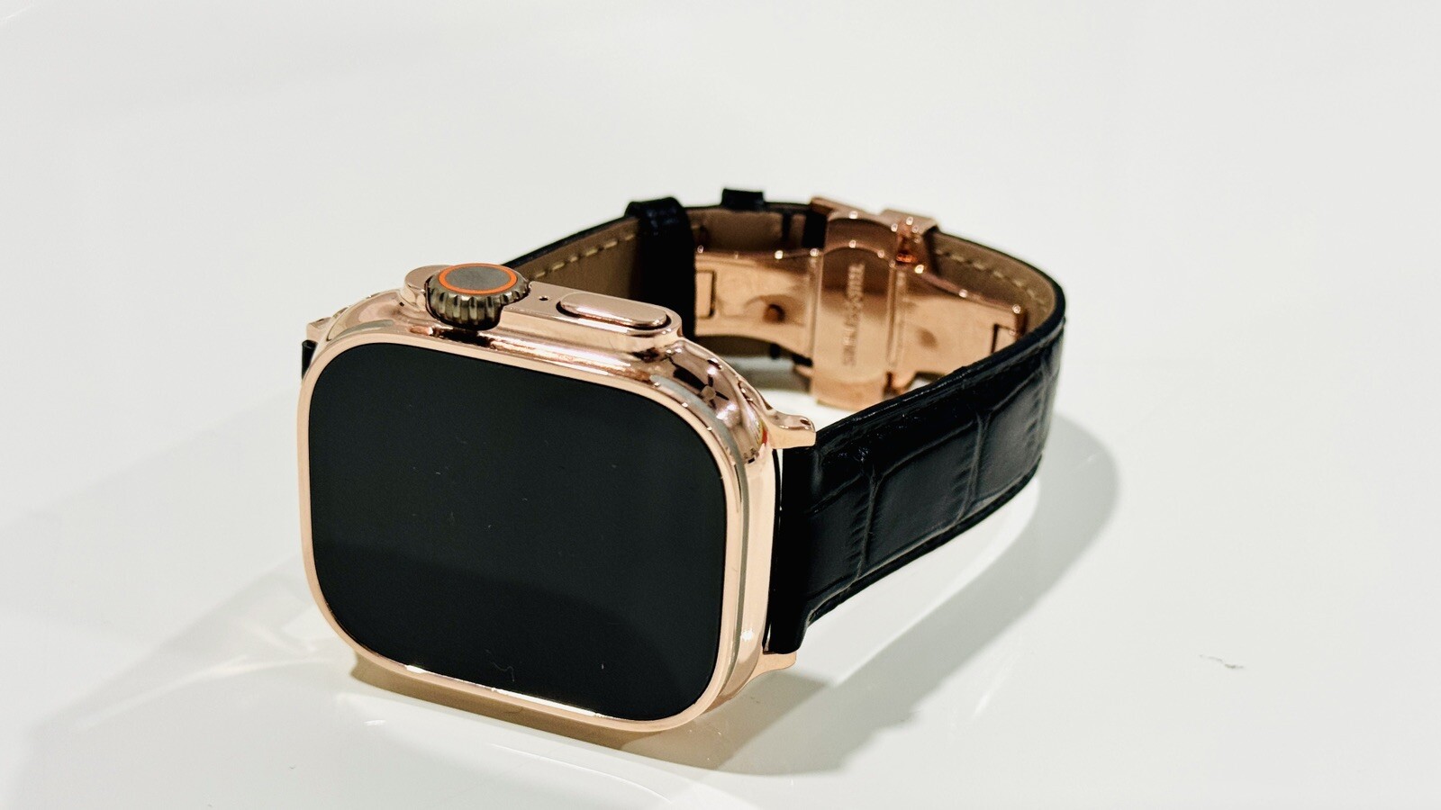 24k ROSE Gold Plated Apple Watch ULTRA 2 49mm Black Leather Band CUSTOM Lux Box