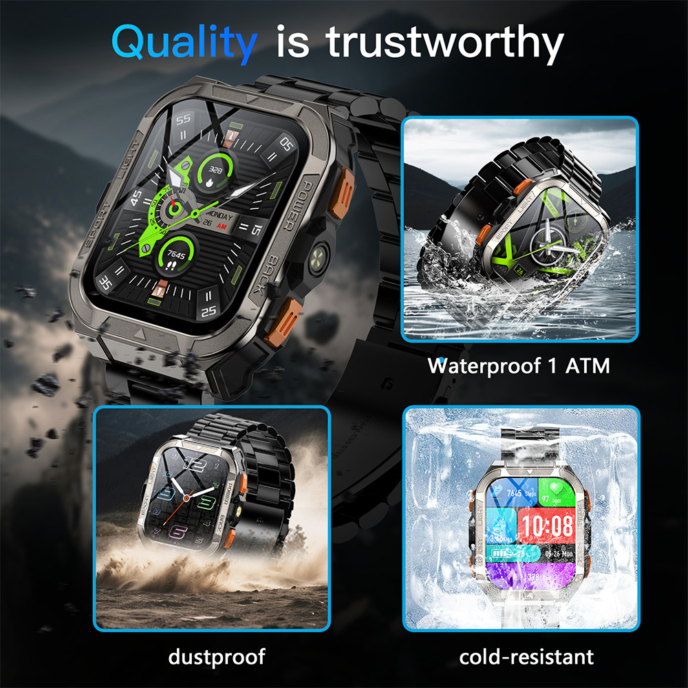900mAh Military Smart Watch Men Stainless Steel Watches Fitness Track Flashlight