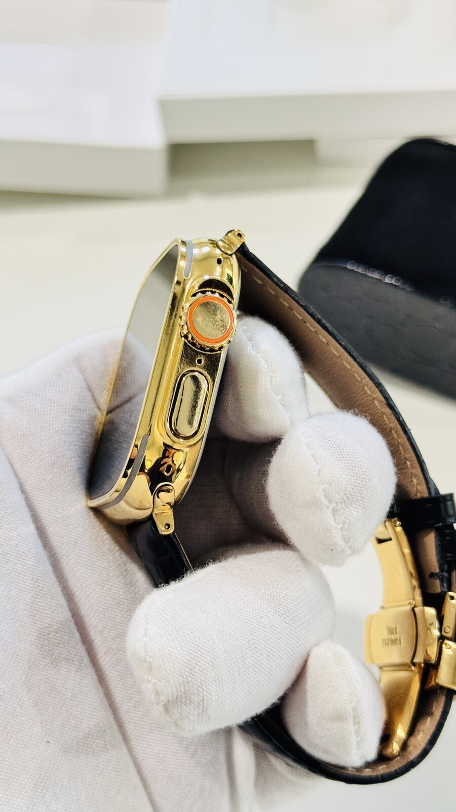 24k Gold Plated Apple Watch ULTRA 2 49mm Black Leather Band Polished CUSTOM
