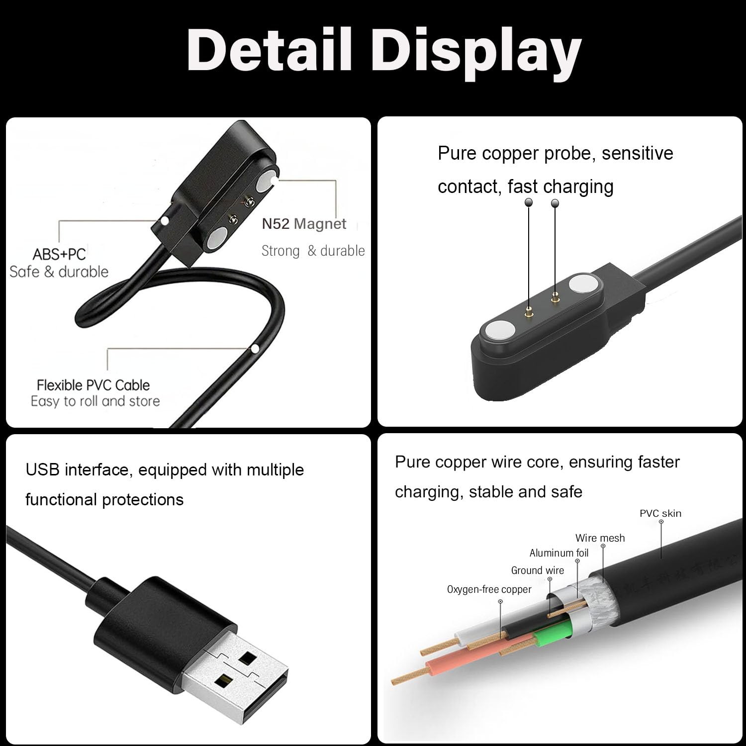 Magnetic USB Charging Cable for BIGGERFIVE Brave 2 Smartwatch Charger – 2-Pack