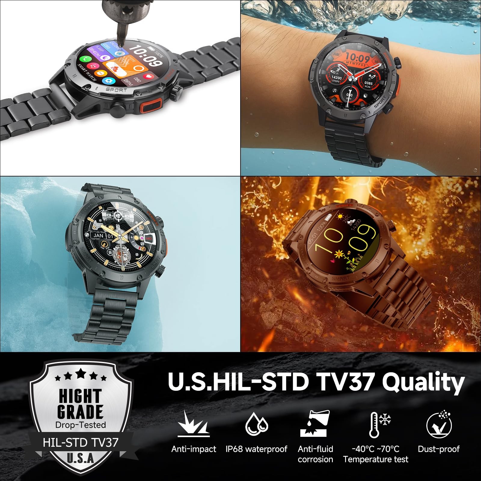 Smart Watches for Men Military Rugged Men Stainless Steel Body