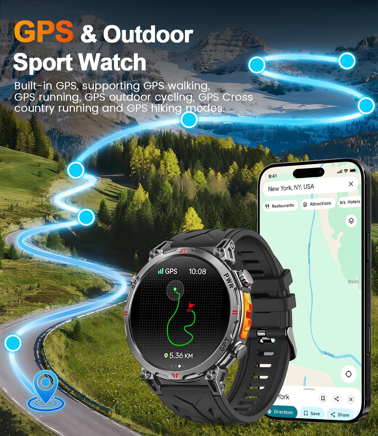 Military Smart Watches for Men GPS, 1.56″ AMOLED Screen Bluetooth , for Andro…