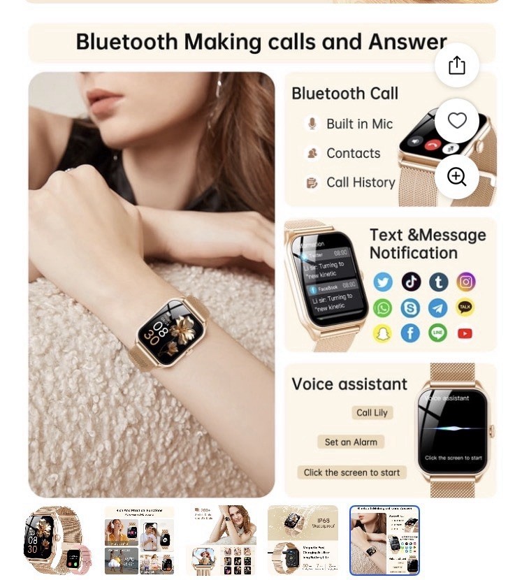 Gold Smart Watch 44mm Metal Mesh Band Bluetooth Call IP68 iOS/Android
