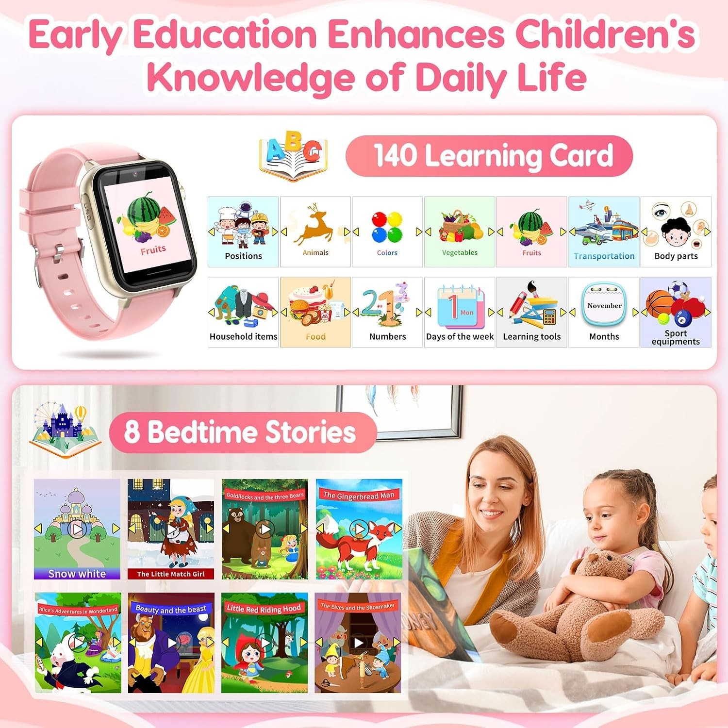 Reloj Inteligente Para Niñas Con Linterna, Camara y 28 Juegos Educativos [Rosa]