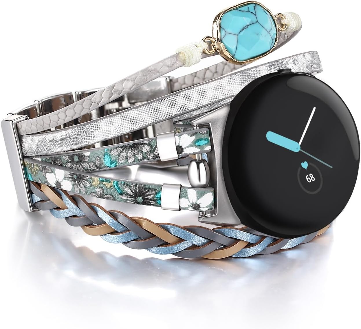Boho Blue Turquoise Genuine Leather Band for Google Pixel Watch 41mm – Unisex