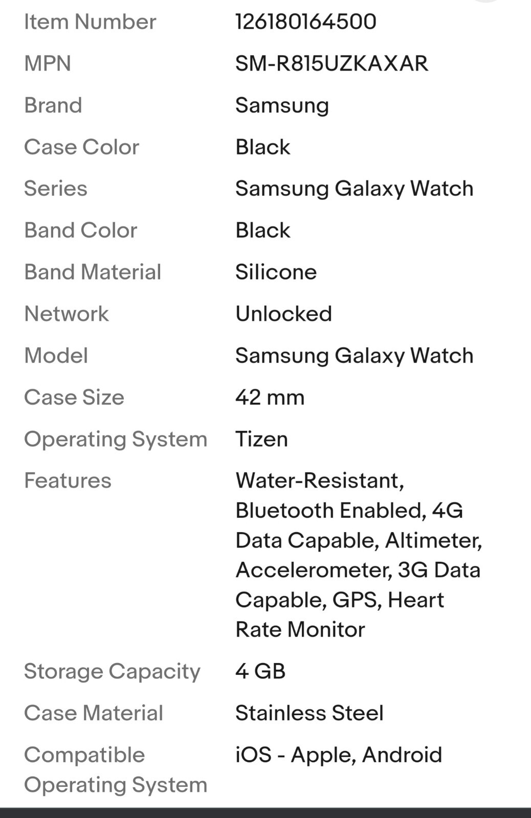 Samsung Galaxy Watch SM-R815U 42mm Unlocked 4G LTE GPS Bluetooth