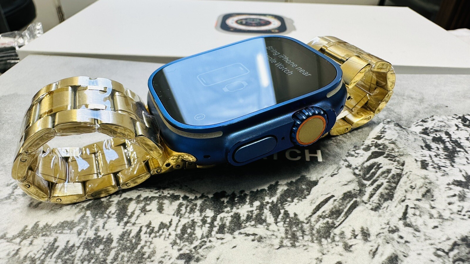 Apple Watch ULTRA 2 49mm Anodized Blue CUSTOM Titanium Gold Plated Link Band