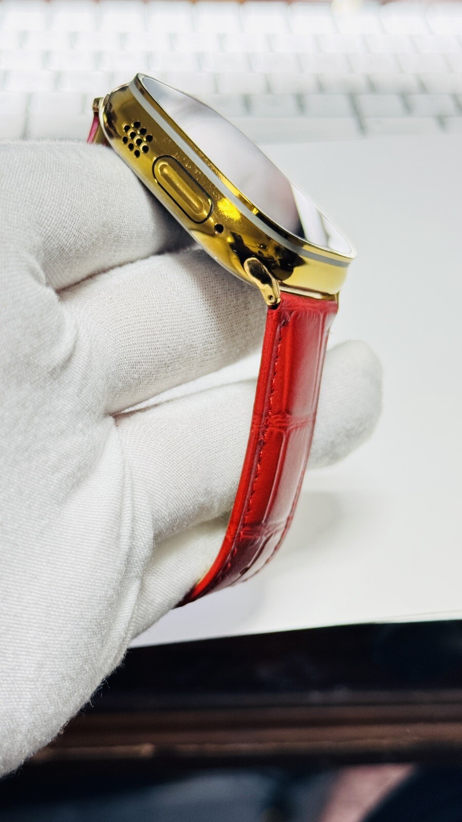 Custom Apple Watch ULTRA 3 49 Polished Anodized GOLD Red Band Gold Plated Buckle