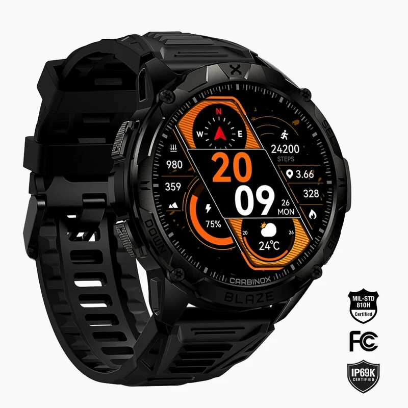 CARBINOX “BLAZE TYPE R ” Tactical Military Smartwatch IP69K Black – NEW w/ BONUS