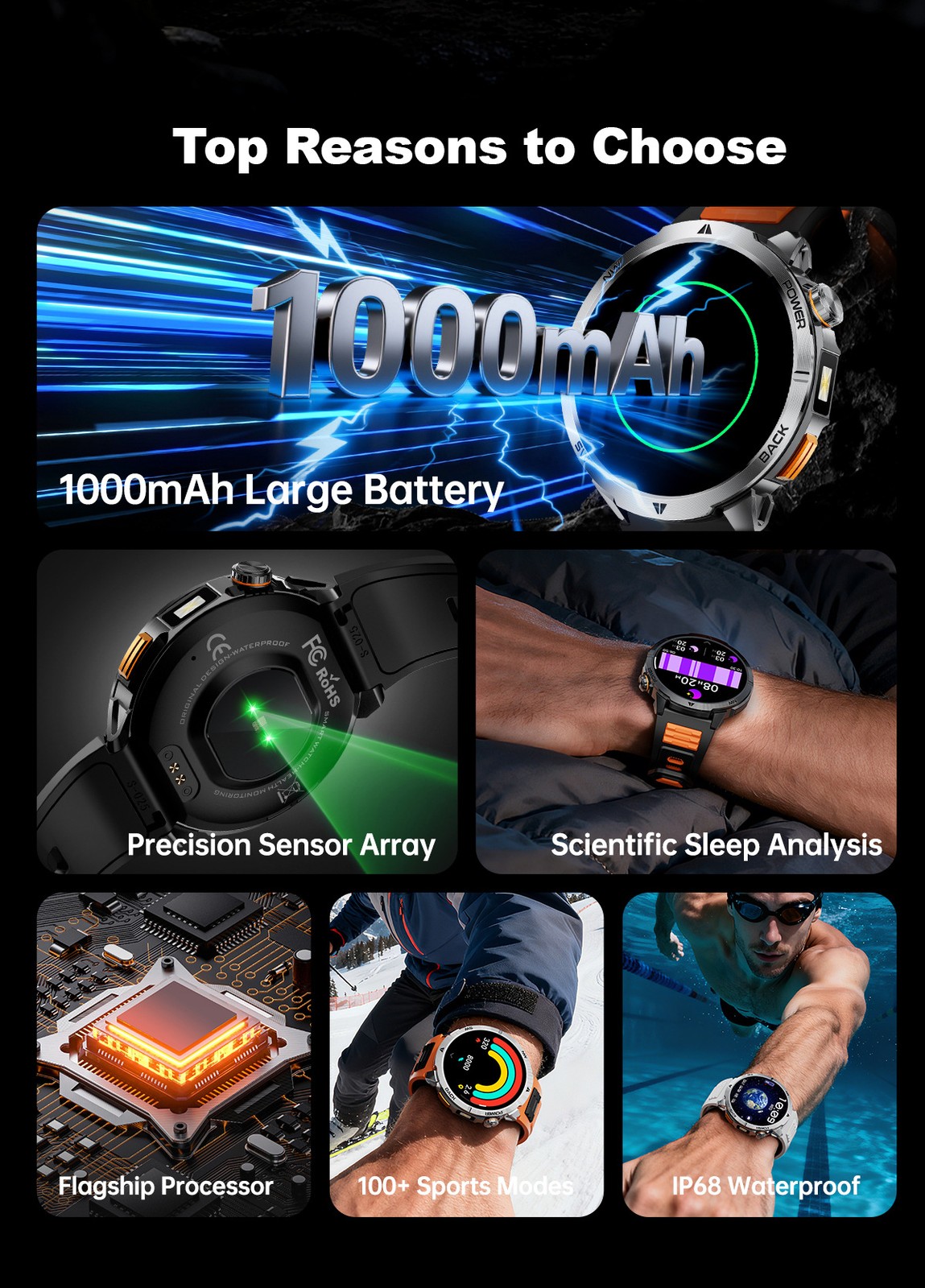 Military Smart Watch For Men Outdoor Flashlight Rugged Tactical Fitness Tracker