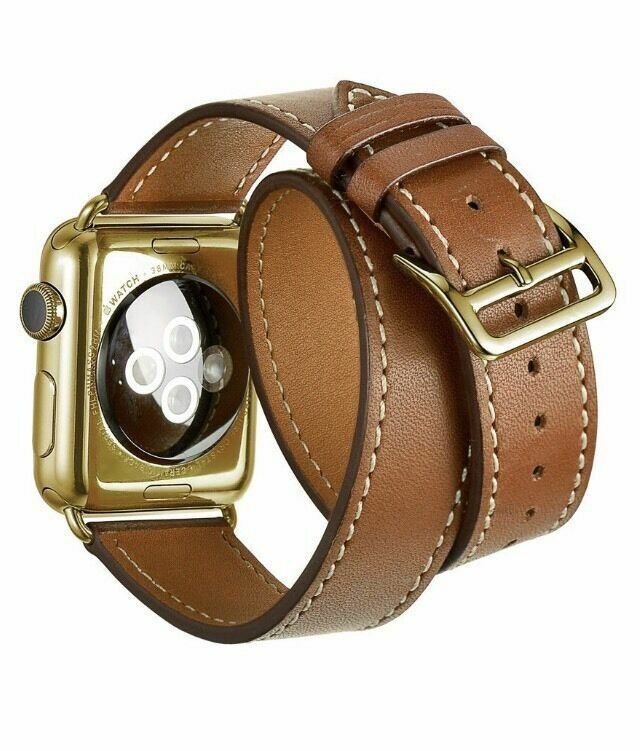 24K Gold 42MM Apple Watch Gen 1 With Double Tour Brown Leather Band