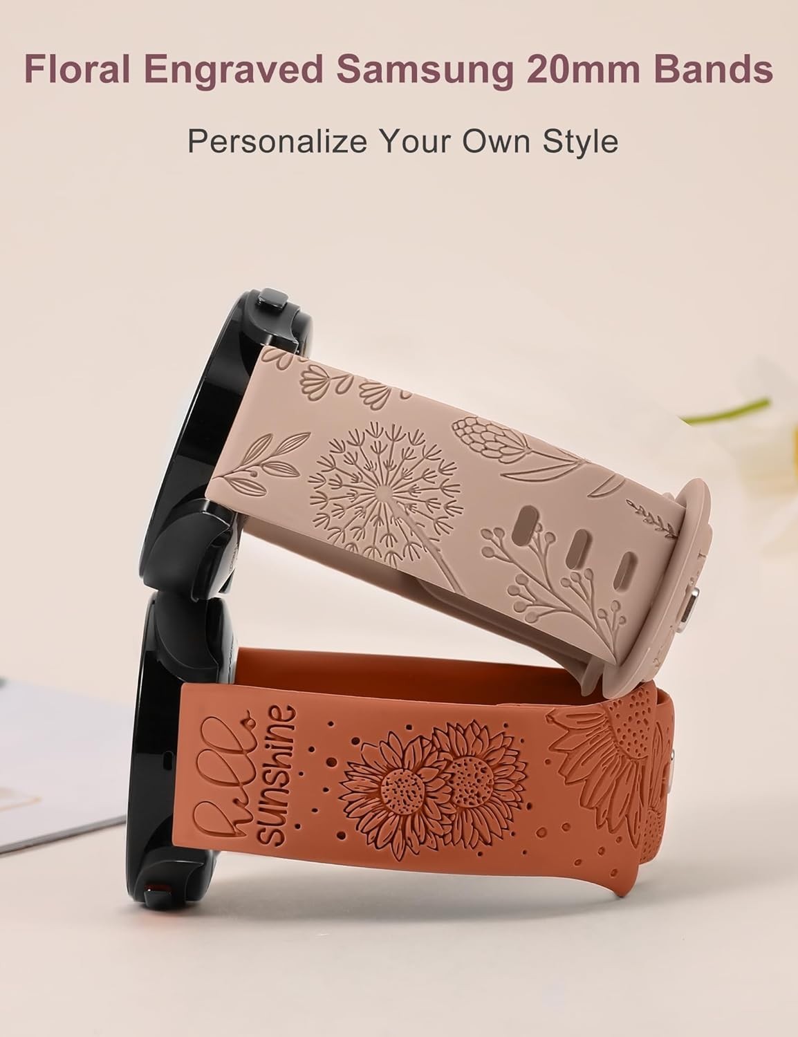 2X Floral Engraved Bands Fit with Samsung Galaxy Watch 7/6/5/4/FE Band 40mm 44mm