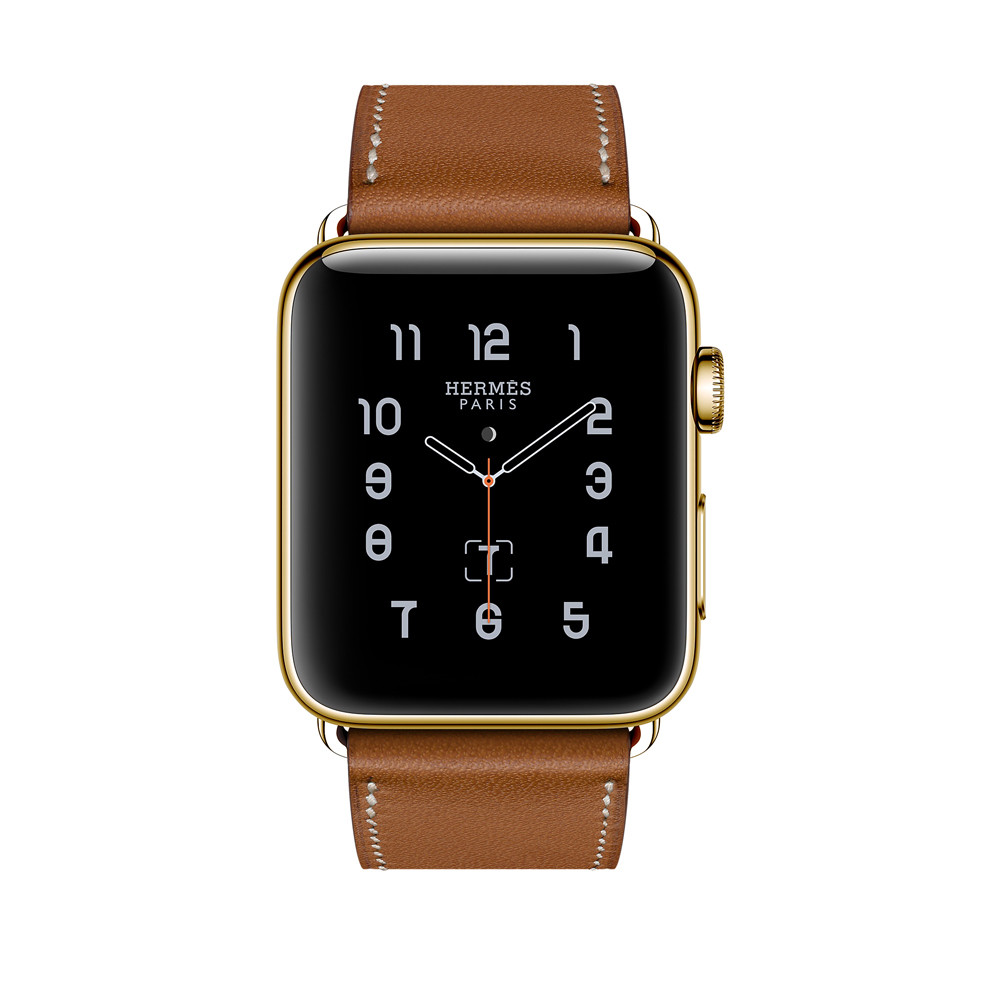 24K Gold Plated Series 9 HERMES Apple Watch 45mm Fauve Single Tour Brown Leather