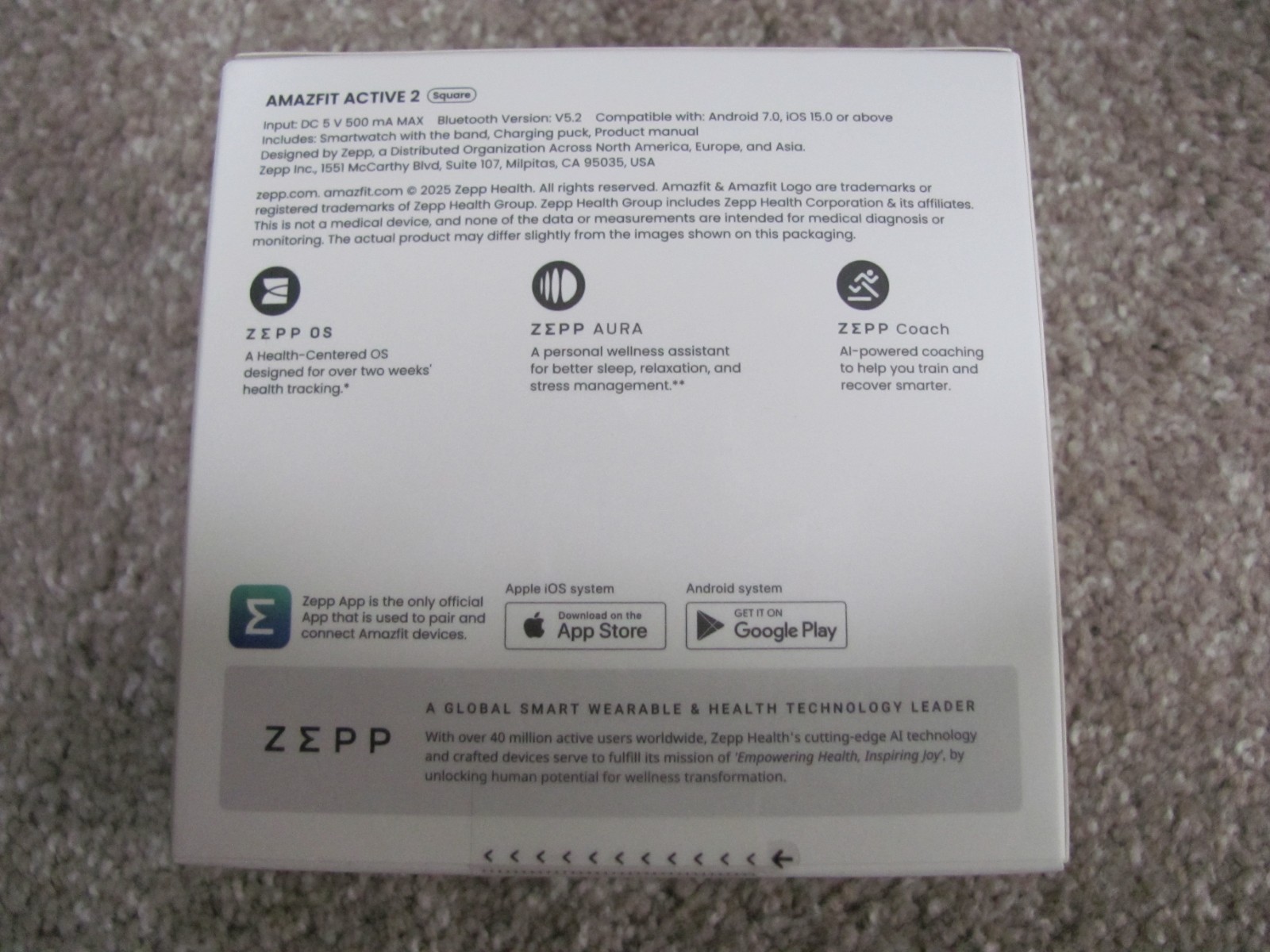Brand New Amazfit Active 2 Premium Version Square Smartwatch – Black Leather