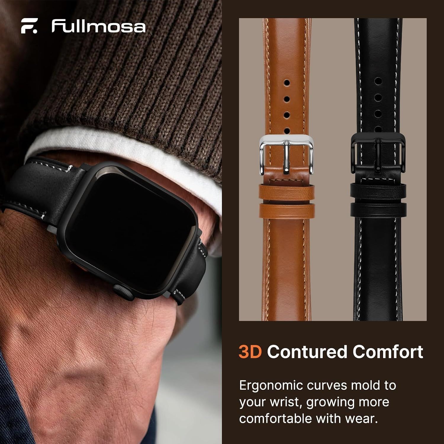 Top Grain Leather Strap Compatible with Apple Watch 49mm 44mm Brown/Black