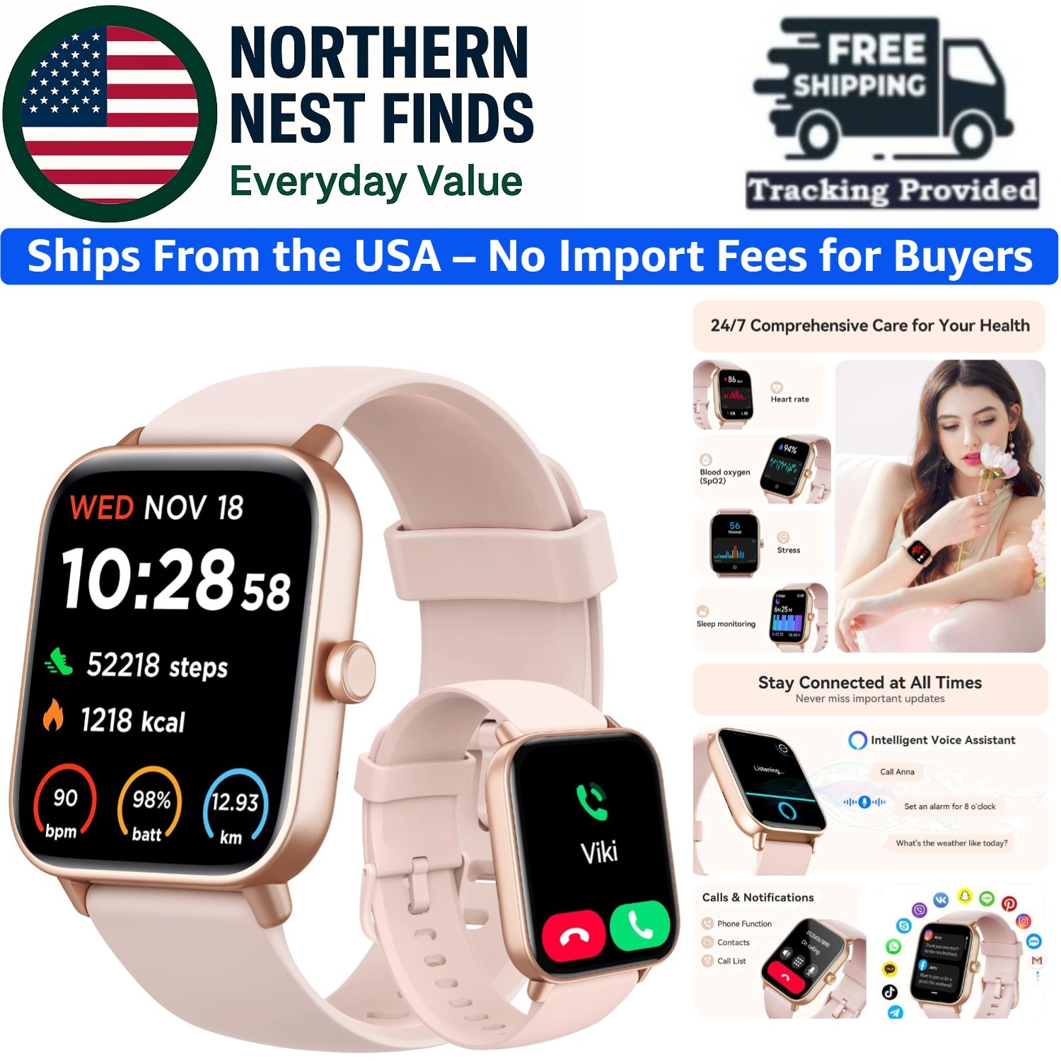 100+ Sports Modes Smartwatch for Women, Alexa Features & Health Monitoring