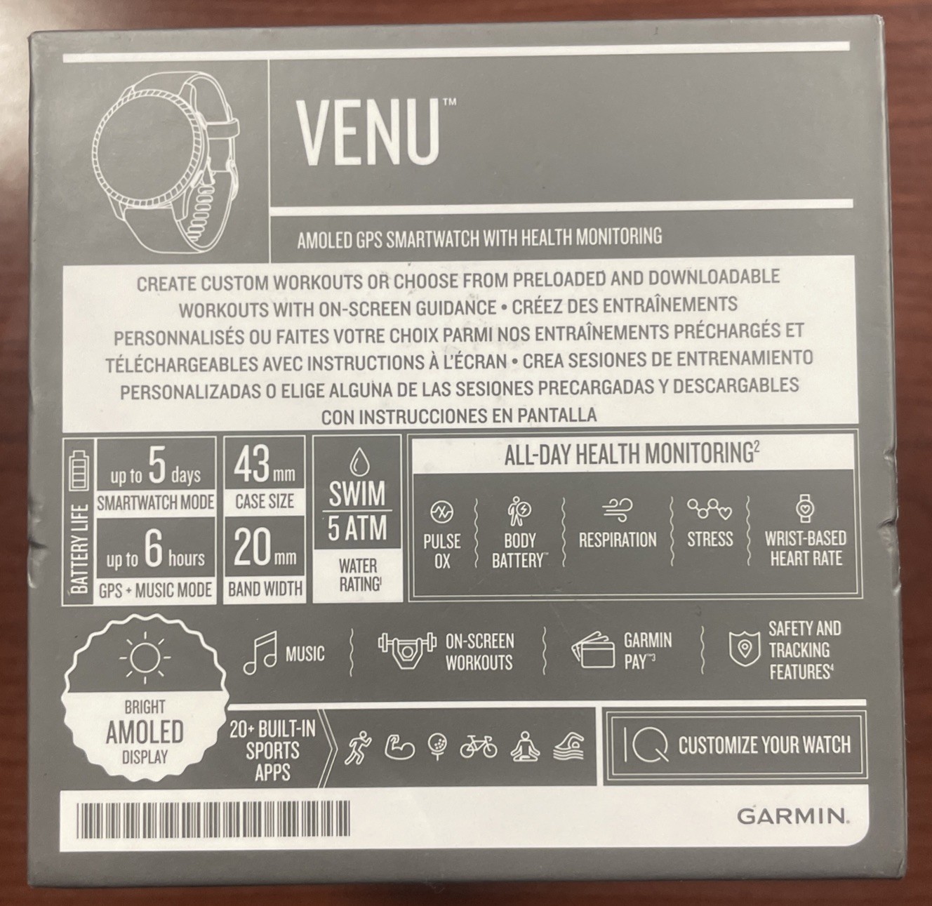 Garmin Venu 43mm Smartwatch Black with Slate Hardware FREE SHIPPING