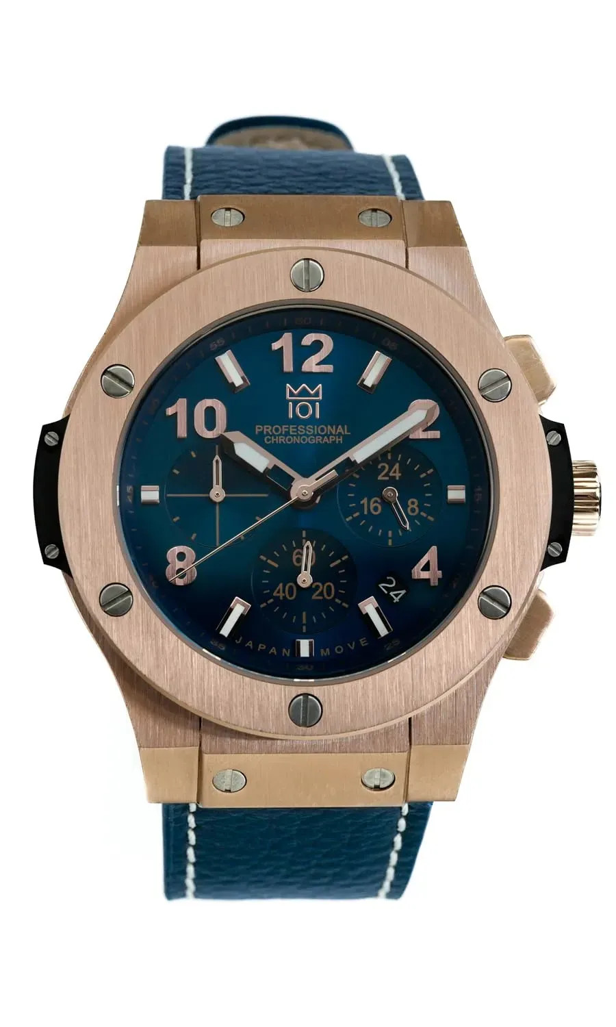 Japan NEW HYAKUICHI 101 No.8A Chronograph Pink Gold Midnight Blue Leather Strap