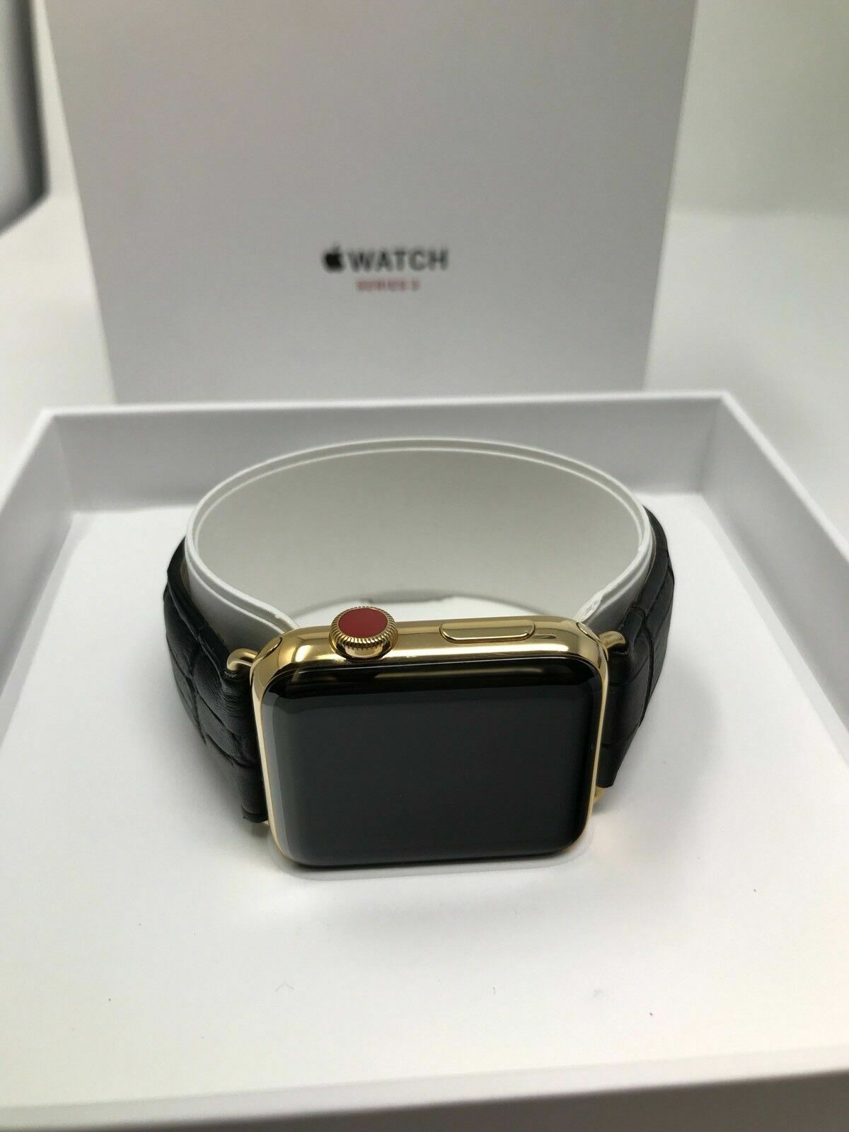 24K Gold 42MM Apple WATCH SERIES 3 Stainless Steel Black Leather Alligator Band