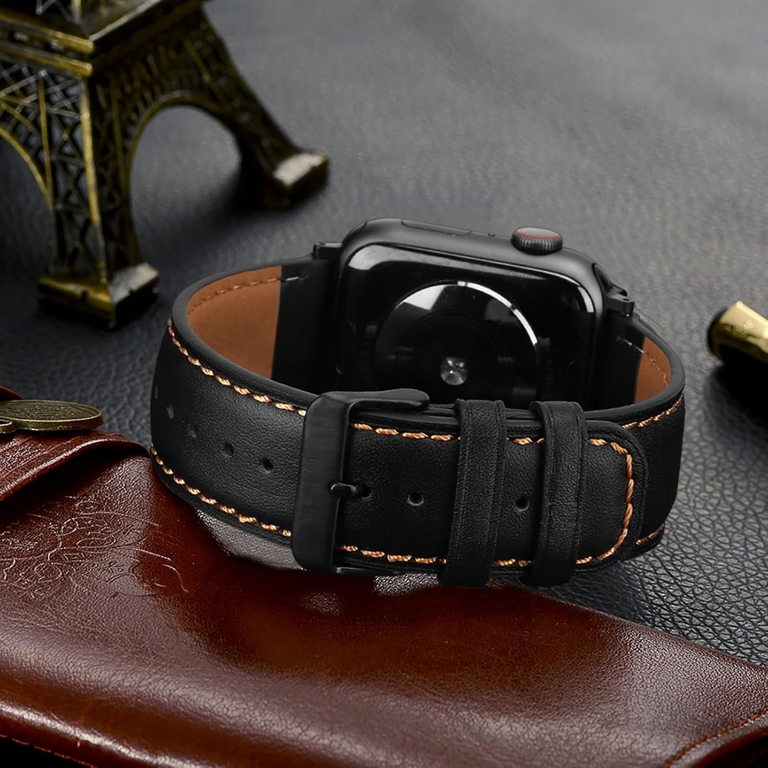 Black Genuine Leather Band for Apple Watch Ultra 49mm 44mm – Replacement Strap