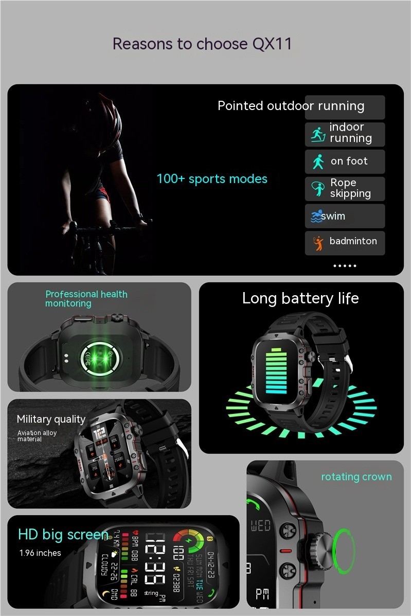 Smart Watch QX11 Bluetooth Military Tactical Rugged Sport Fitness Wristwatch Men