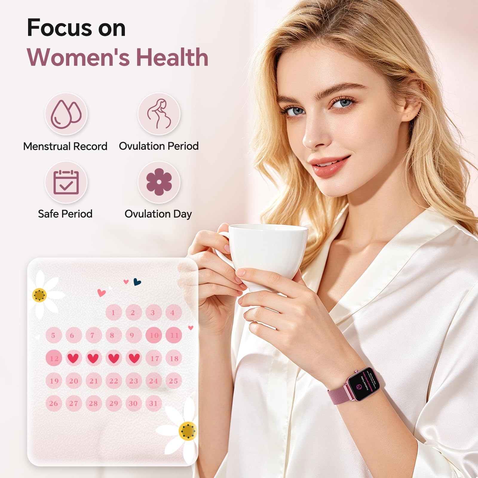 Women’s Smart Watch 1.85” HD, Calls/SMS/Reminders, Fitness Tracker, Heart Rate,