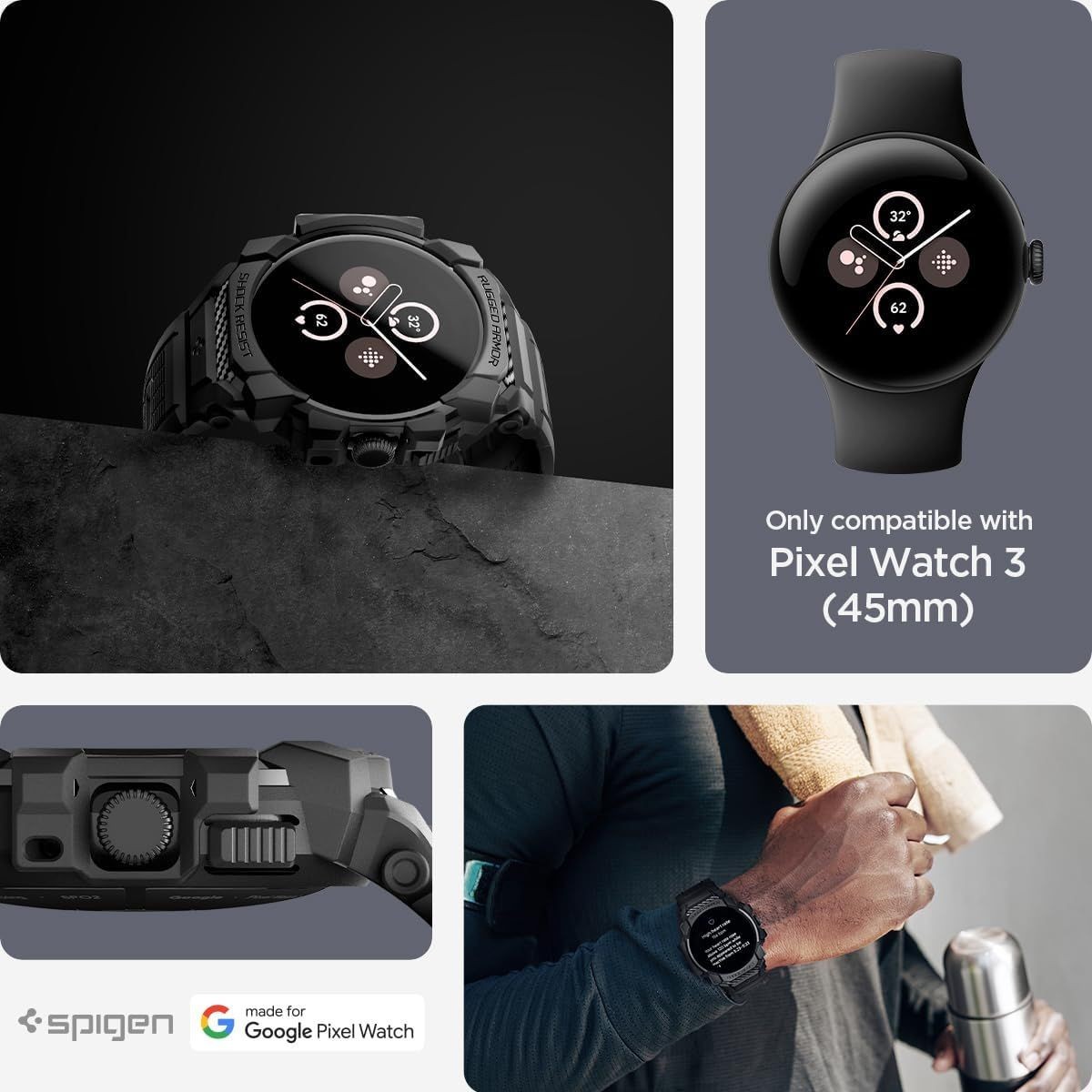 Rugged Armor Pro Case for Google Pixel Watch 45mm Durable Shock Proof TPU Cover