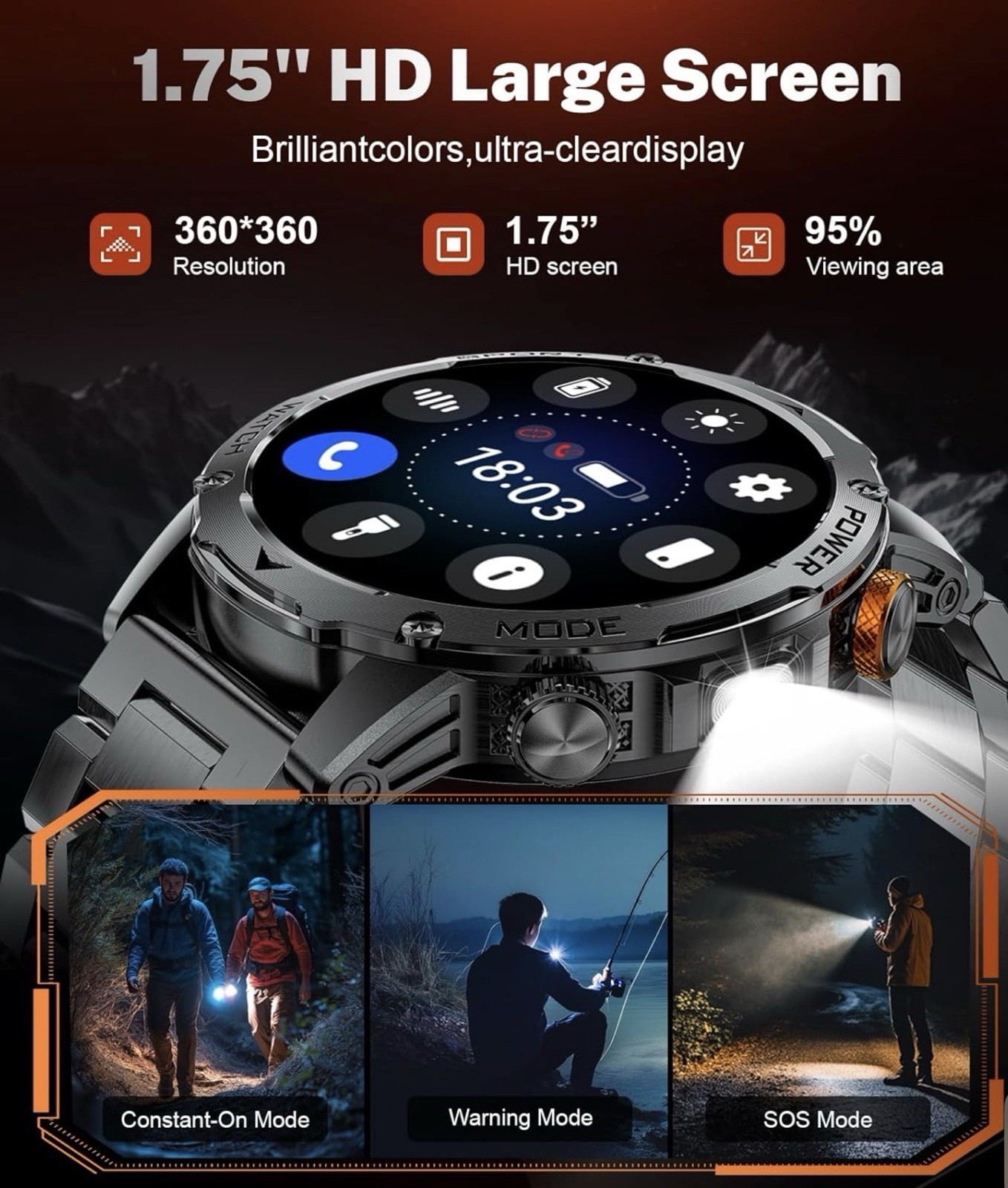 Military Smart Watches for Men(3 Bands),1000mAh/1.75″ HD Large Screen Smartwatch