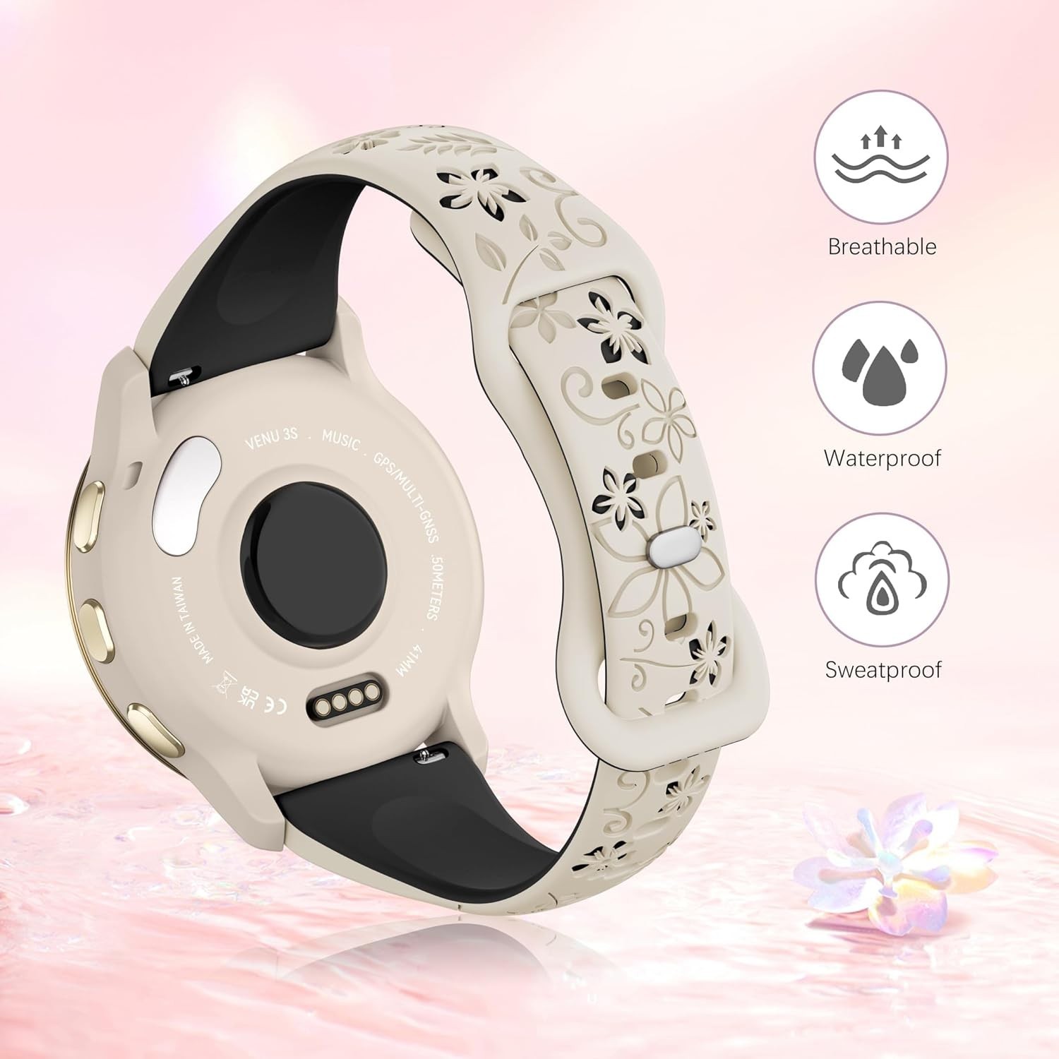 Stylish 18mm Floral Engraved Smartwatch Band for Venu, Forerunner & Vivoactive