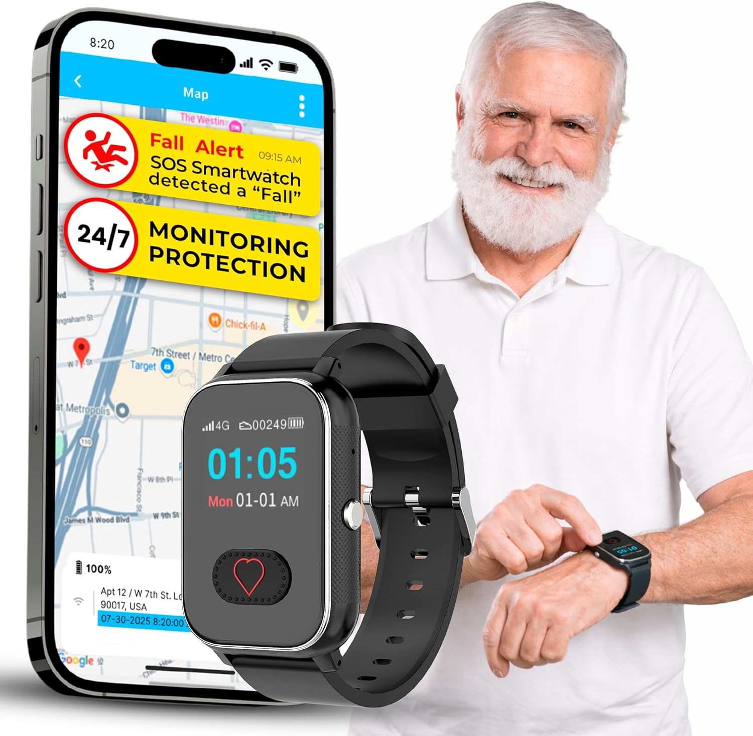 Cellular Medical Alert Smartwatch for Seniors with Fall Detection, GPS Tracking,