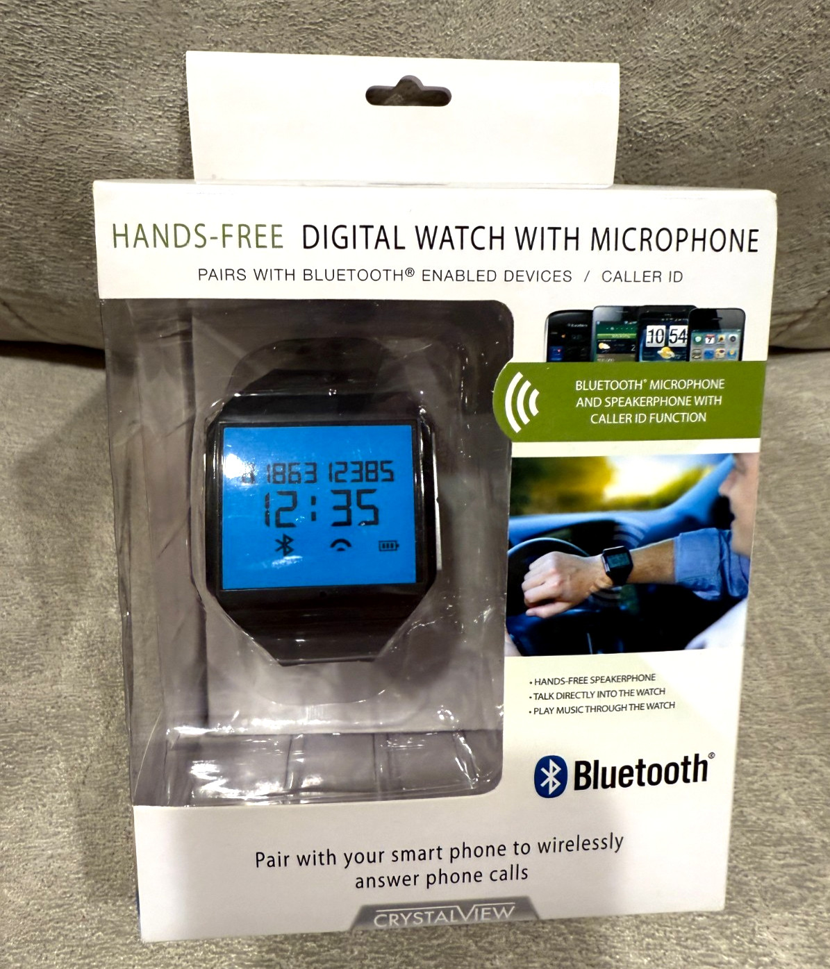 Crystal View BLUETOOTH Hands-Free Digital Watch with Microphone BLACK Sealed Box