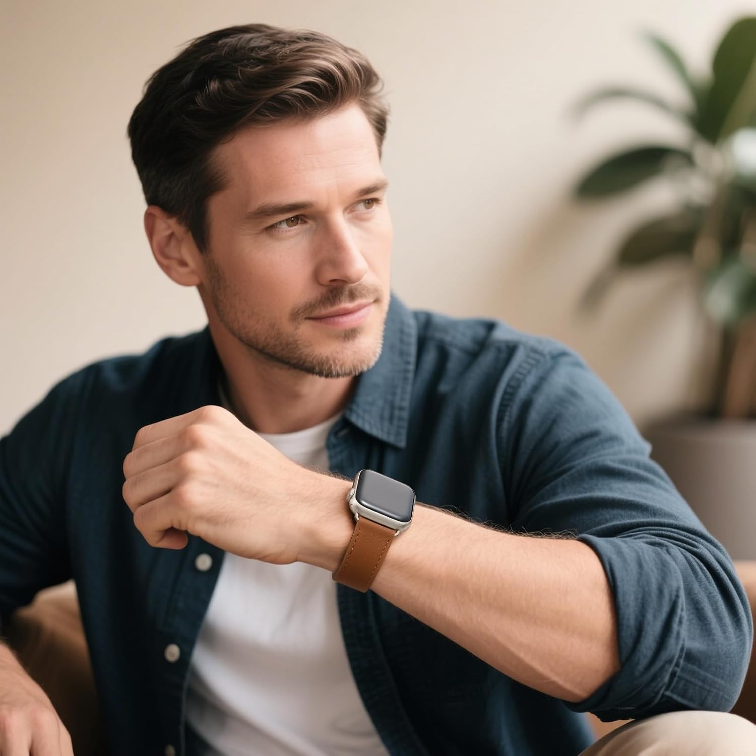 Brown+Starlight Leather Band for Apple Watch Series 10 11 38mm 40mm 41mm Unisex