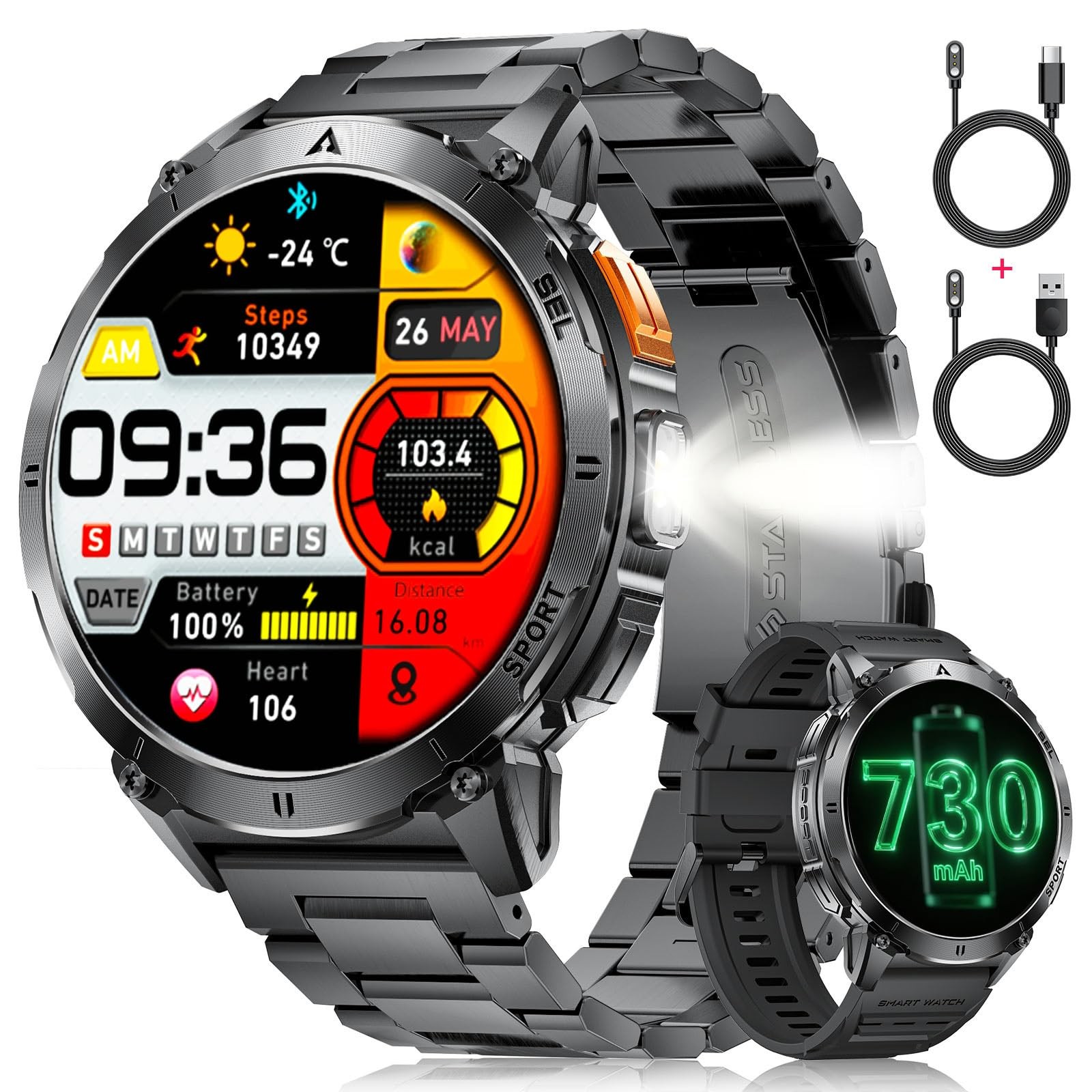 Military Smart Watches for Men, with 730mAh/1.62″ AMOLED Screen/Flashlight/He…