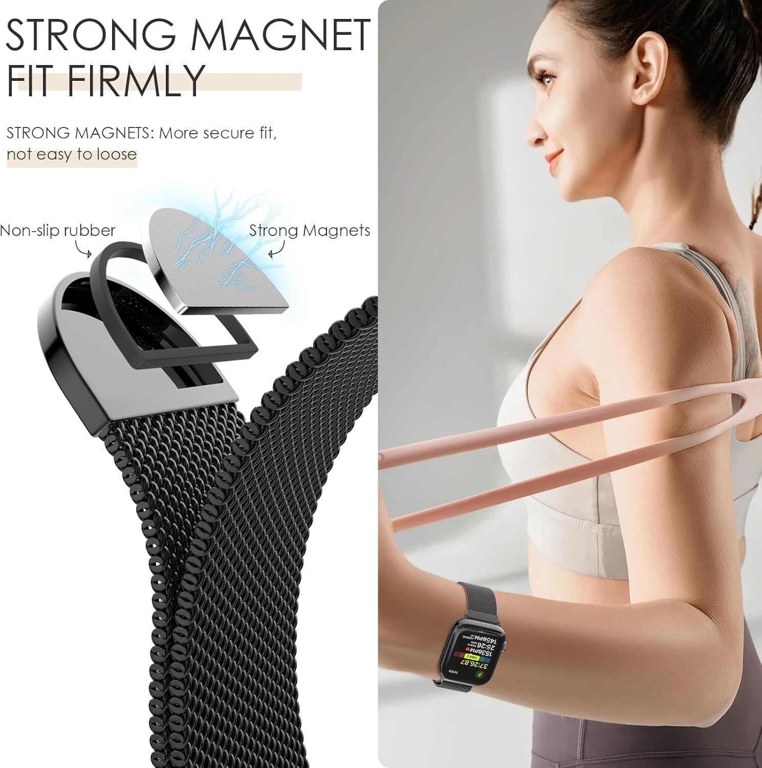 Milanese Loop Band for Apple Watch Series 7 44mm, Adjustable Magnetic Closure St