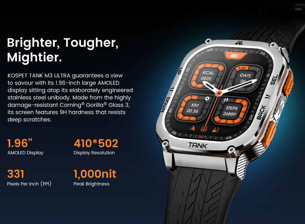 AMAZTIM TANK M3 Ultra GPS Smart Watch Men 480mAh 50M Waterproof for Android IOS