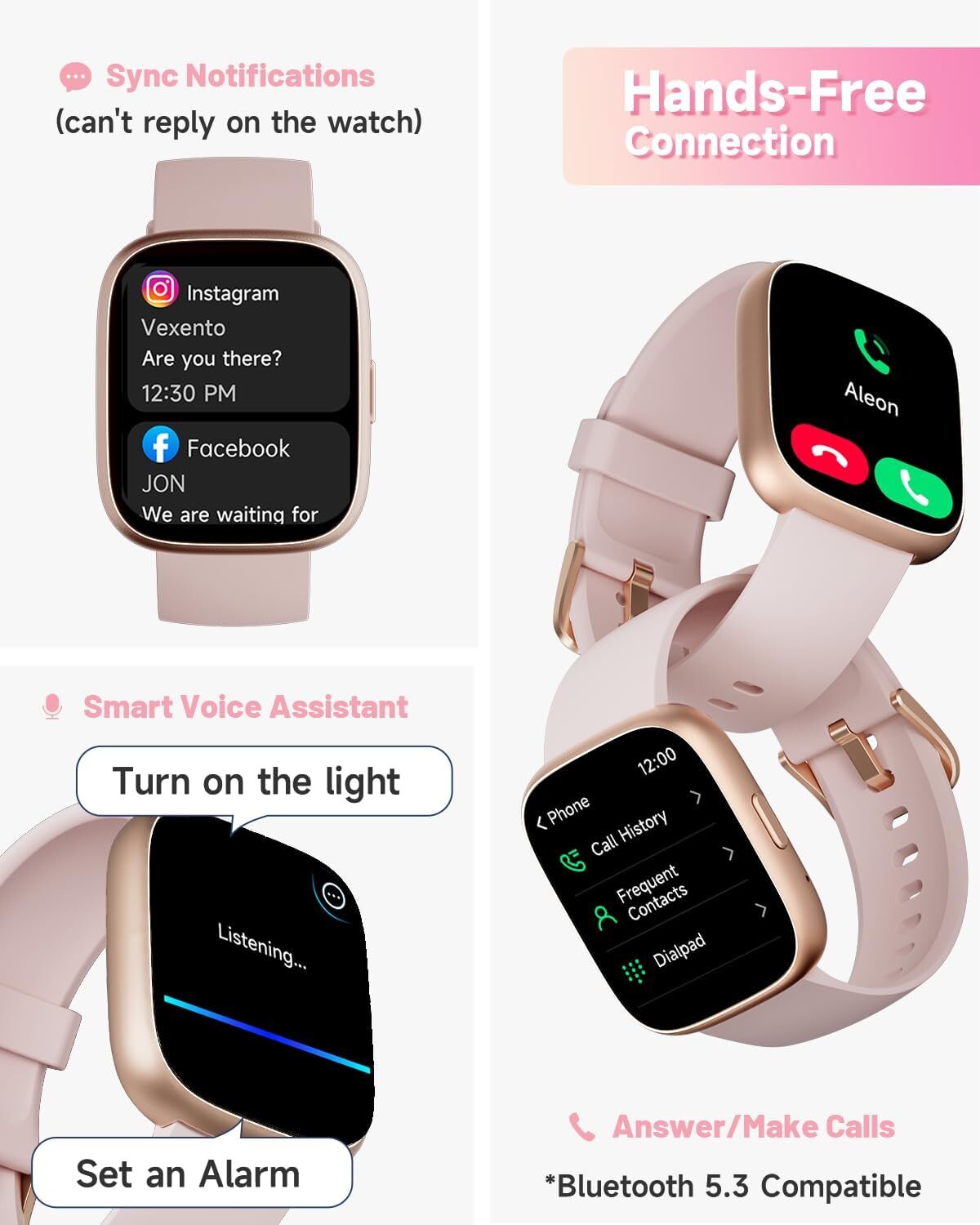 Smart Watch with Alexa Built-in Answer/Make Calls Fitness H.Rate Monitor – Pink