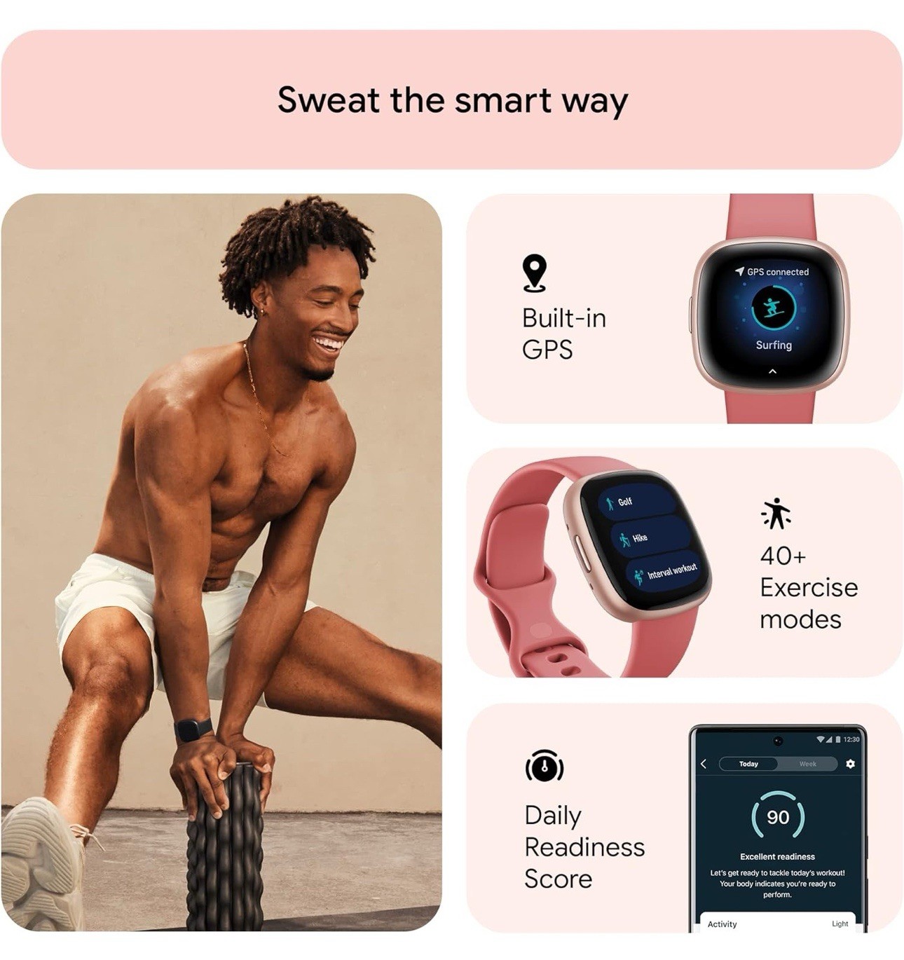 Fitbit Versa 4 Smartwatch – Copper Rose Aluminum with Pink Sand Band