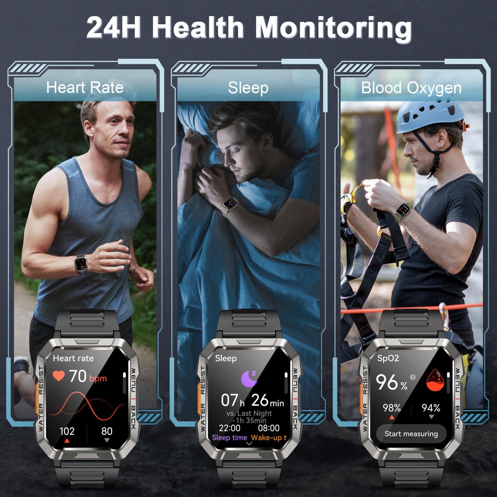 Outdoor Sports Smartwatch for Men, Military Fitness Tracker, 100 Days Battery, H