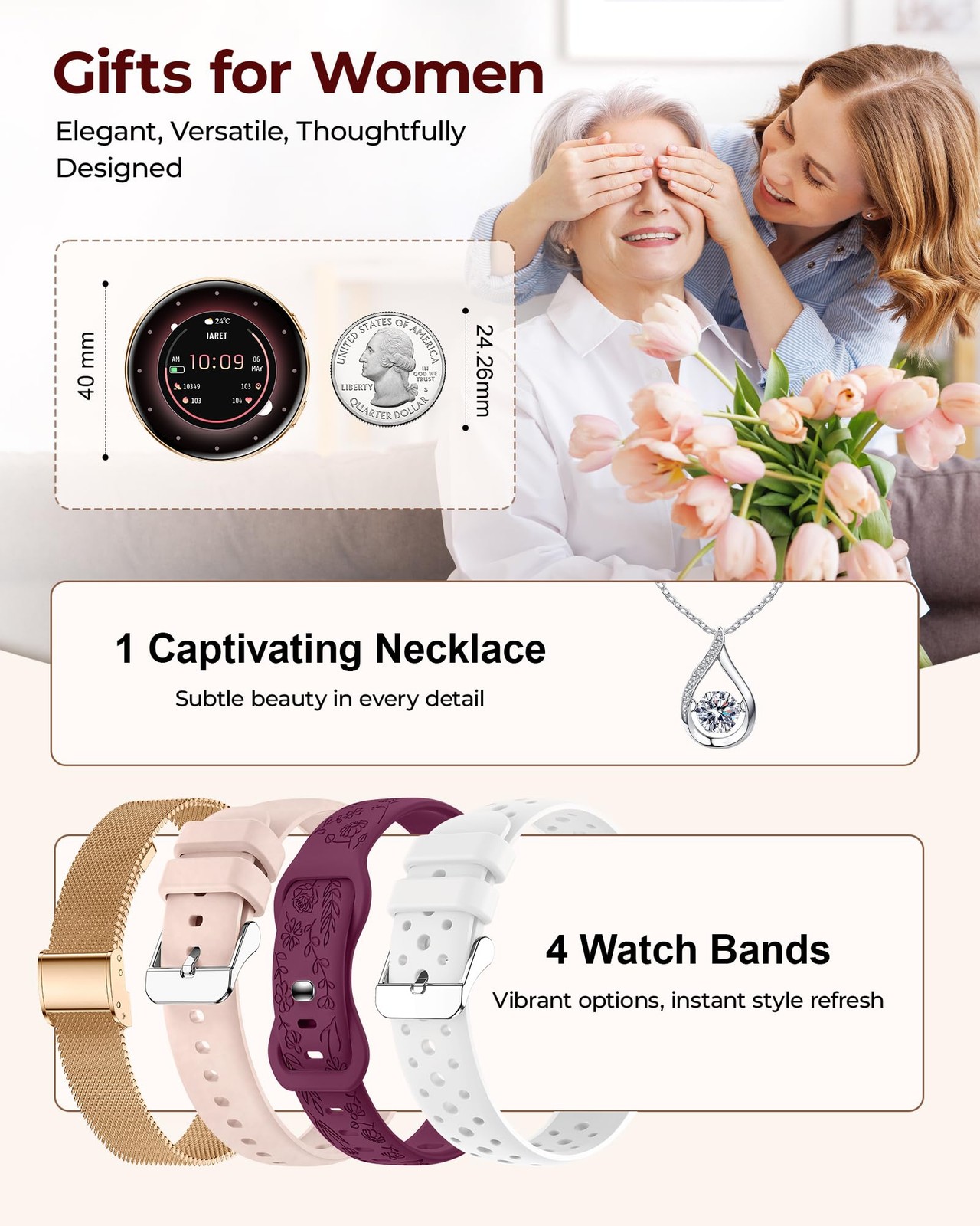 Iaret Smart Watch for Women, 1.27″ HD Fitness Tracker with 4 Bands & Necklace…