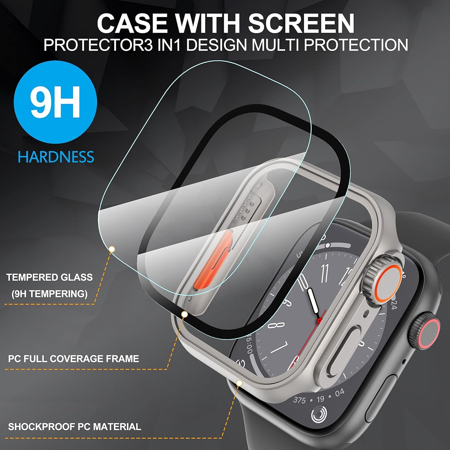 Tempered Glass Screen Protector Case for Apple Watch Series 7/8/9 45mm Durable