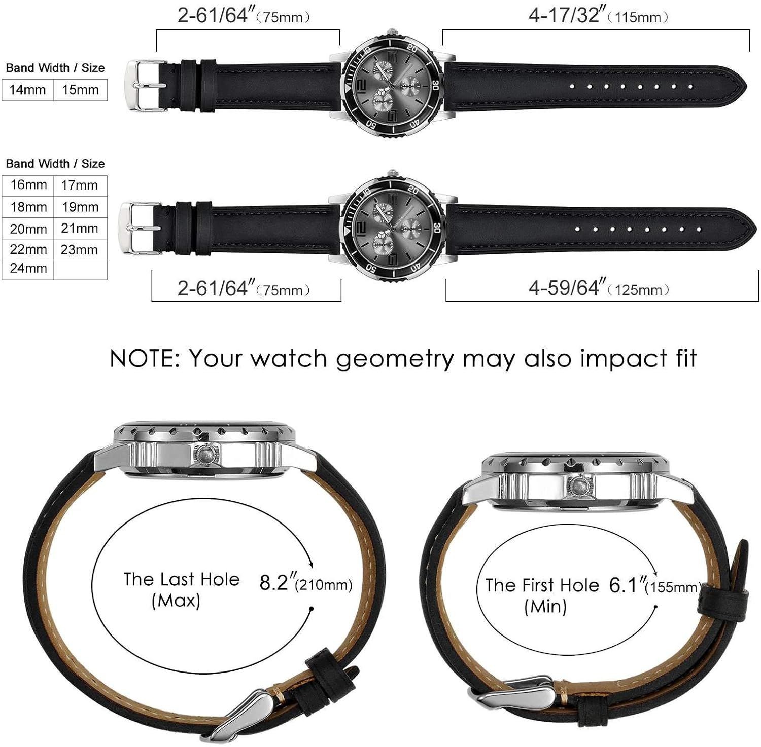 Black Vintage Leather Watch Strap for 14mm-24mm Size Replacement Bands