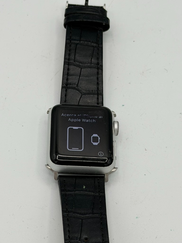 Locked Apple Watch Series 3 38mm GPS Silver Aluminum Case Leather Band Powers On