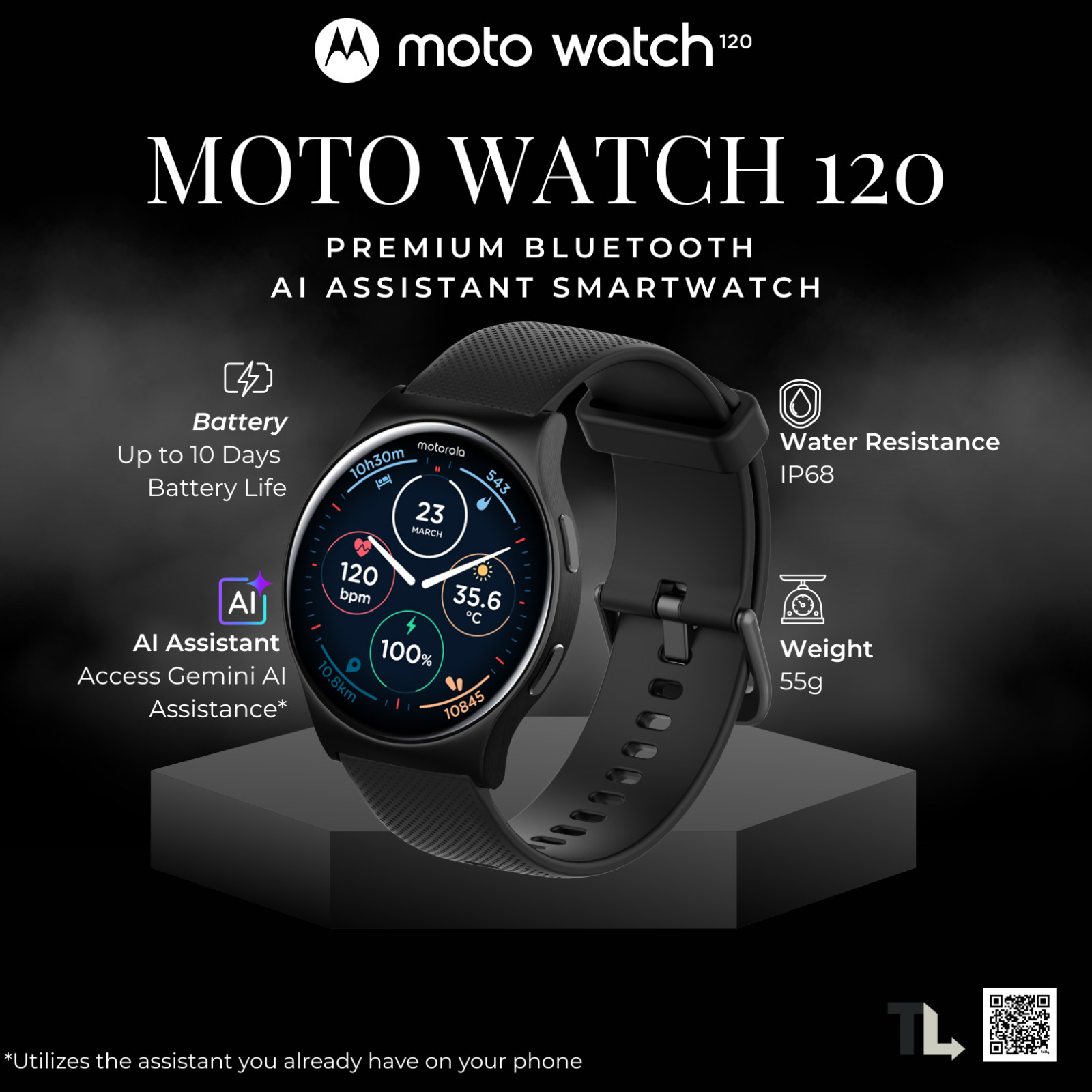 Moto Watch 120 Smartwatch AMOLED Display, Fitness Tracker, AI Assistant, IP68