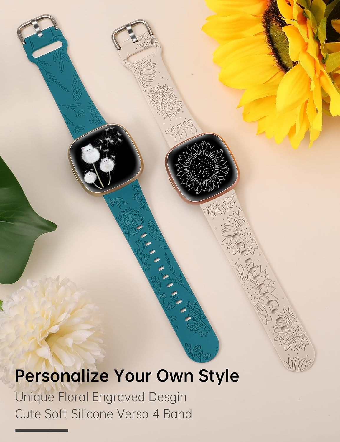 2 Pack Cute Floral Engraved Silicone Bands for Fitbit Versa 4/3/Sense 2 Women