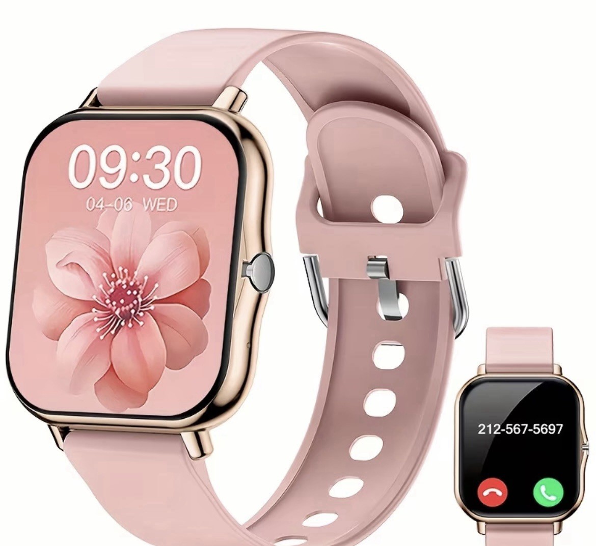Touchscreen Bluetooth Smart Watch 47.5mm Gold Metal Case Pink Silicone Band