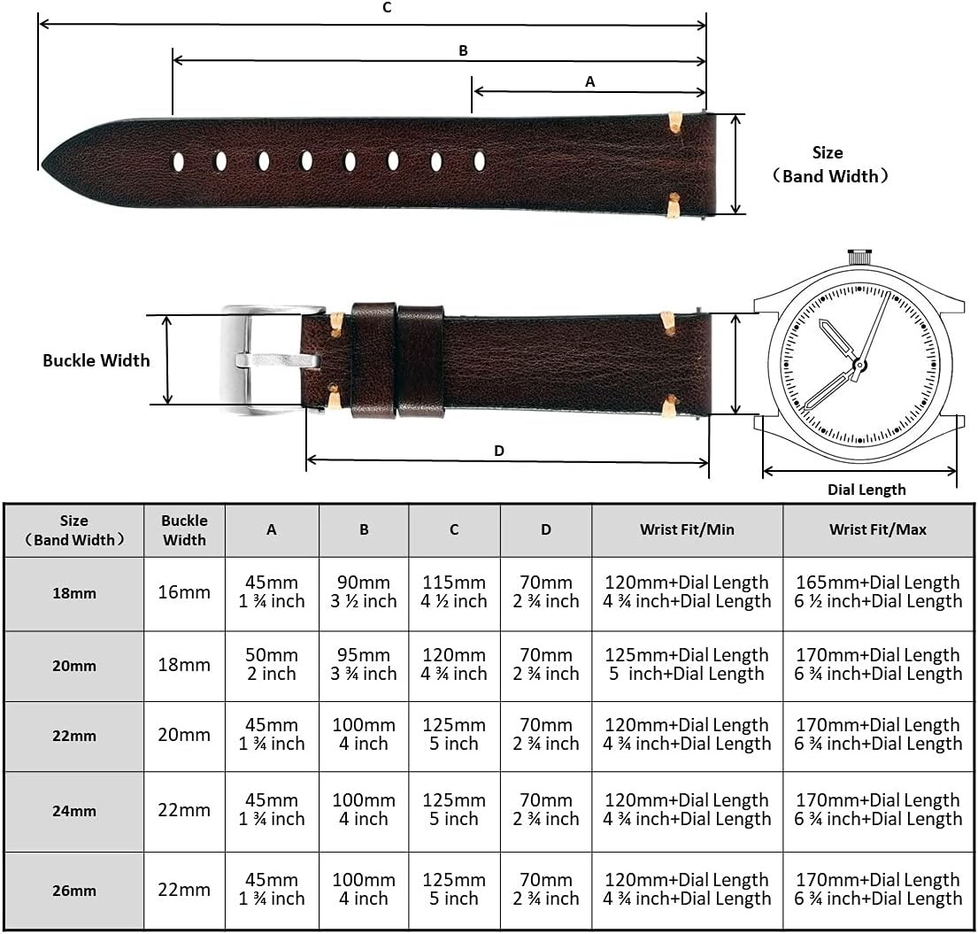 Retro Handmade Leather Strap Compatible with 18mm 20mm 22mm 24mm 26mm