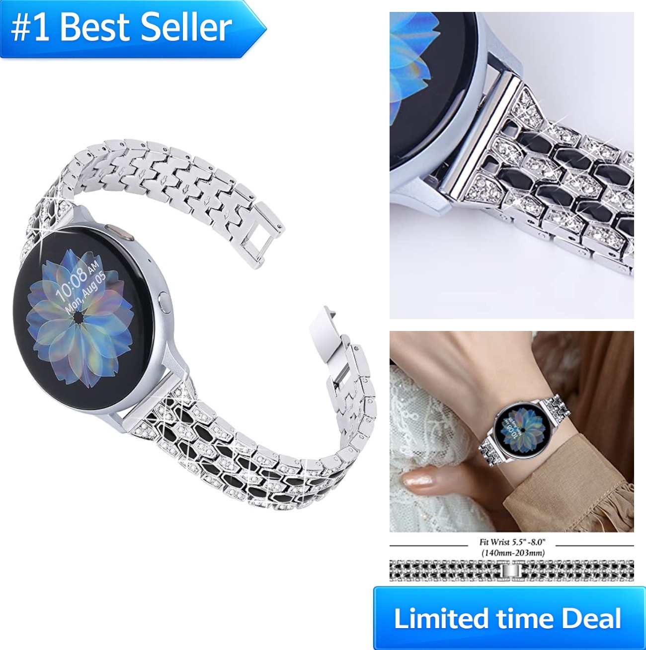 Smartwatch Band 20mm Stainless Steel Rhinestone Galaxy Watch Garmin Vivoactive 3